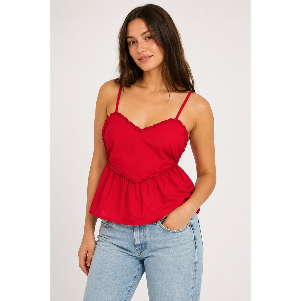 Y2K Red Sweetheart Babydoll Cami Top L Ruffle Peplum Coquette Cotton Adjustable